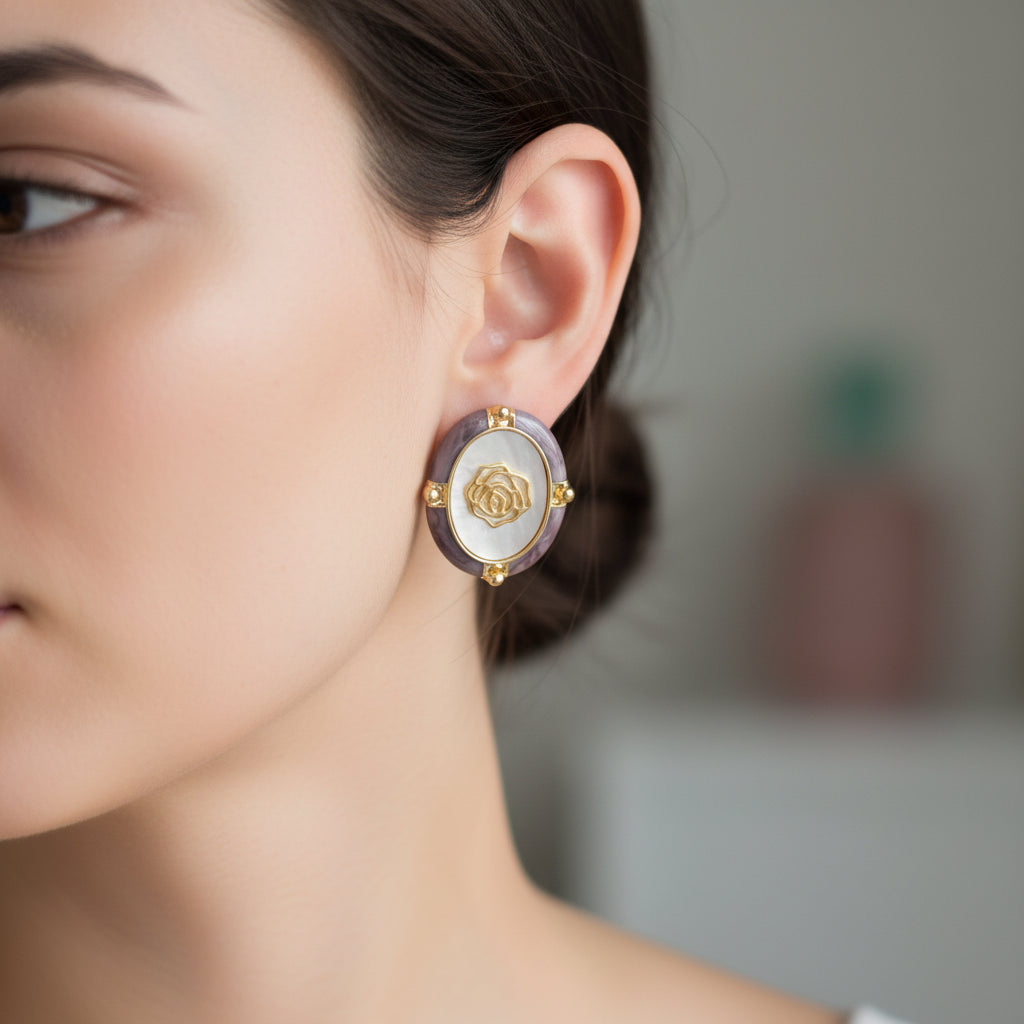 Elegant Gold Rose Oval Resin Stud Earrings | Unique Mother of Pearl & Gold Tone
