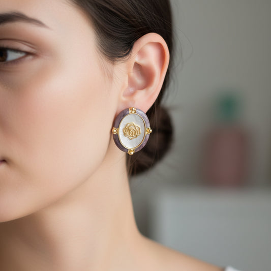 Elegant Gold Rose Oval Resin Stud Earrings | Unique Mother of Pearl & Gold Tone