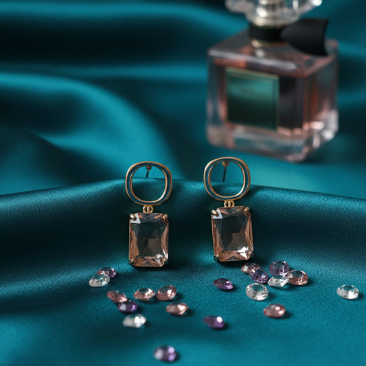 Elegant Rectangular Crystal Drop Earrings - Chic Gold & Pink Dangle Jewelry