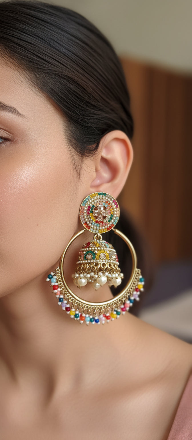 Colorful Beaded Jhumka Hoop Earrings - Traditional Indian Gold Tone Statement Jewelry