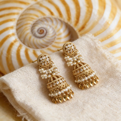 Handcrafted Pearl & Kundan Gold Jhumka Earrings - Indian Ethnic Bridal Jewelry
