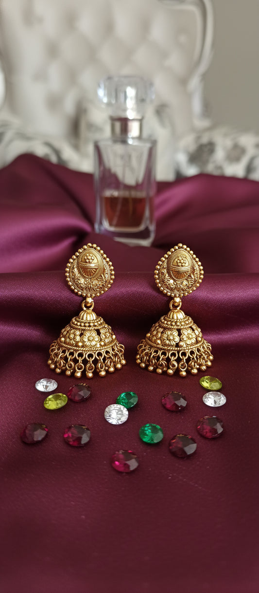 Traditional Gold-Plated Jhumka Earrings with Intricate Floral Design for Women