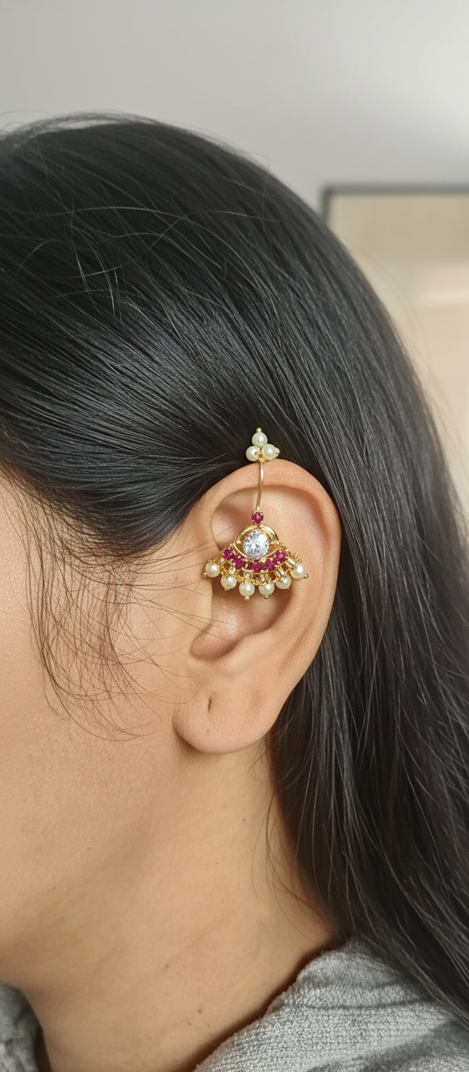 Elegant Gold-Plated Jhumka Ear Cuff with Pearls & Ruby CZ Stones