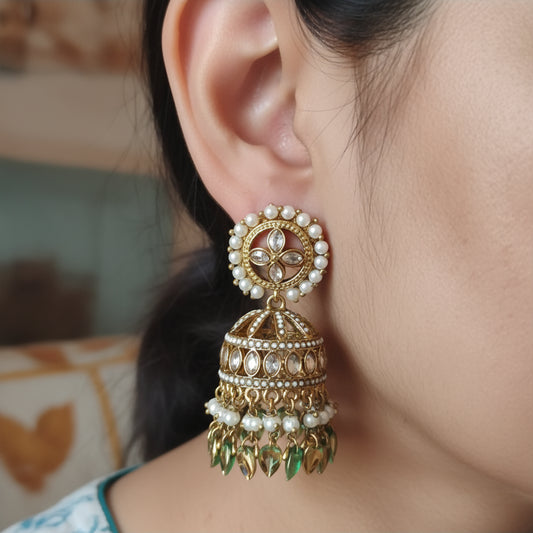 Golden Pearl Jhumka Earrings with Intricate Design - Ethnic Indian Jewelry