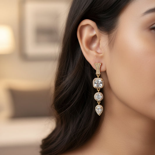 Elegant Gold Plated Dangle Earrings with Sparkling Cubic Zirconia - Perfect for Special Occasions