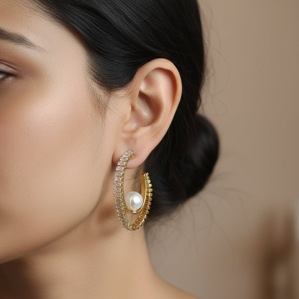 Elegant Gold-Plated Hoop Earrings with Zircon & Faux Pearl - Dainty Dangle Drop Jewelry