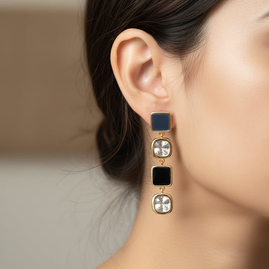Elegant Black & Gold Square Drop Earrings with Crystal Accents - Fashion Dangle Jewelry