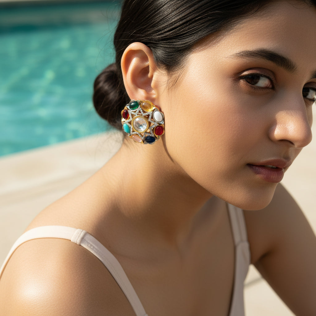 Navratna Kundan Stud Earrings - Handcrafted Multi-Gemstone & Crystal Statement Jewelry
