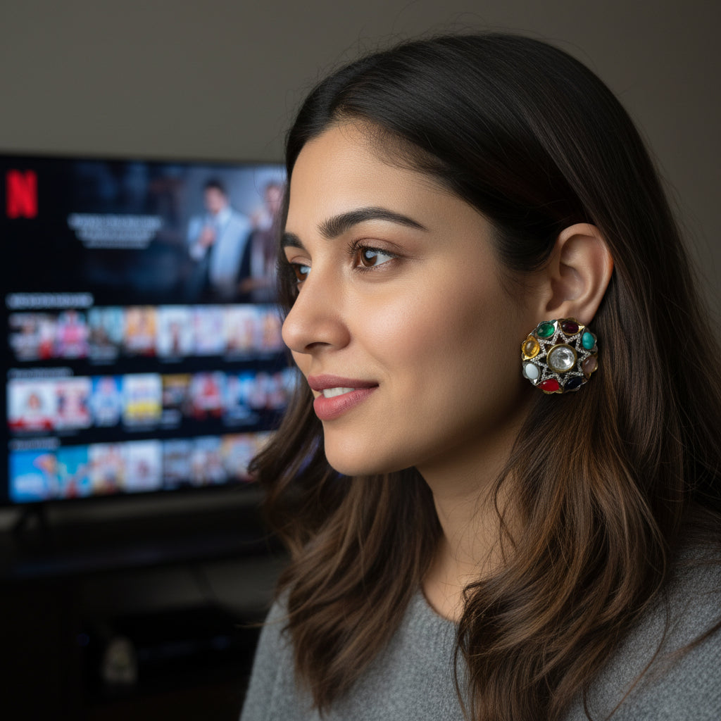 Navratna Kundan Stud Earrings - Handcrafted Multi-Gemstone & Crystal Statement Jewelry