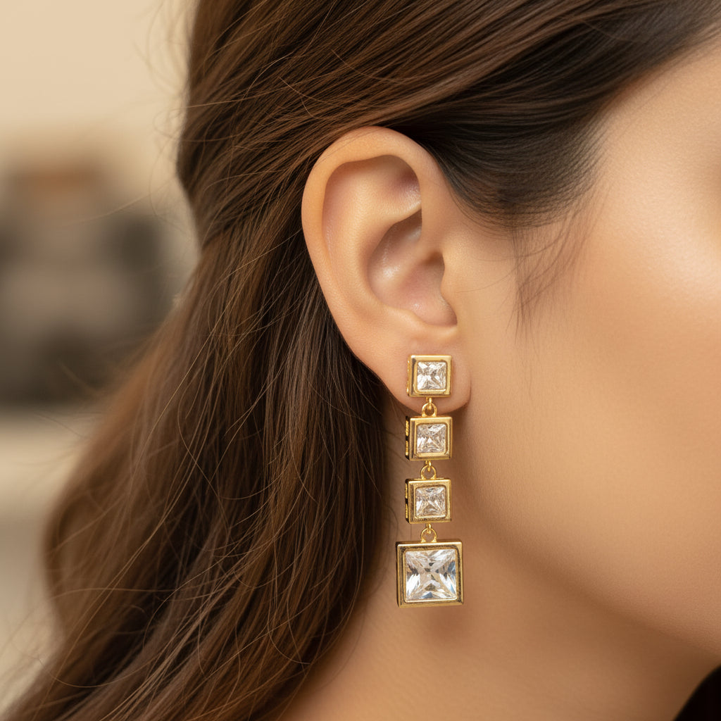 Dazzling Square Zirconia Drop Earrings - Gold Plated Fashion Jewelry for Women