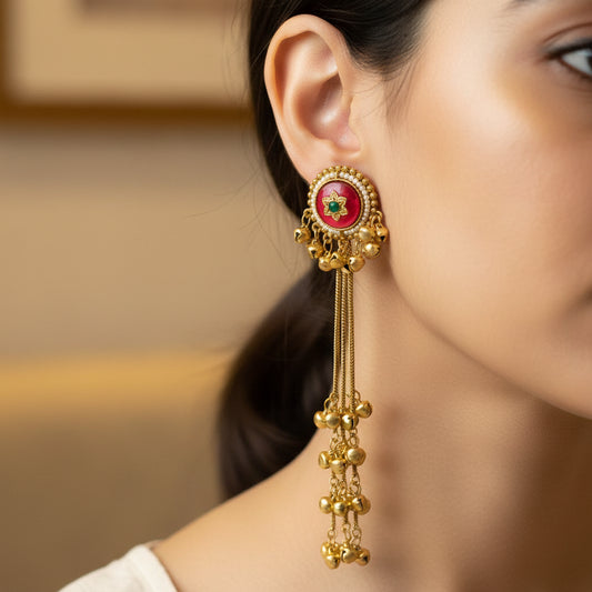 Ethnic Gold Plated Jhumka Earrings with Red Enamel & Pearl Detailing
