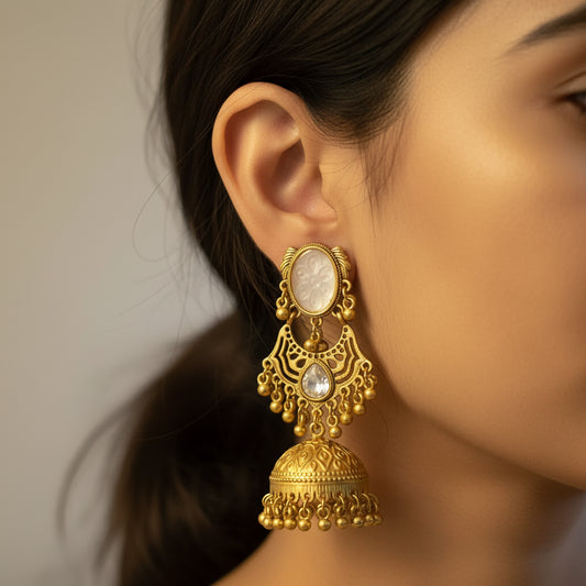 Ethnic Gold Plated Jhumka Earrings with White Stone - Traditional Indian Jewelry