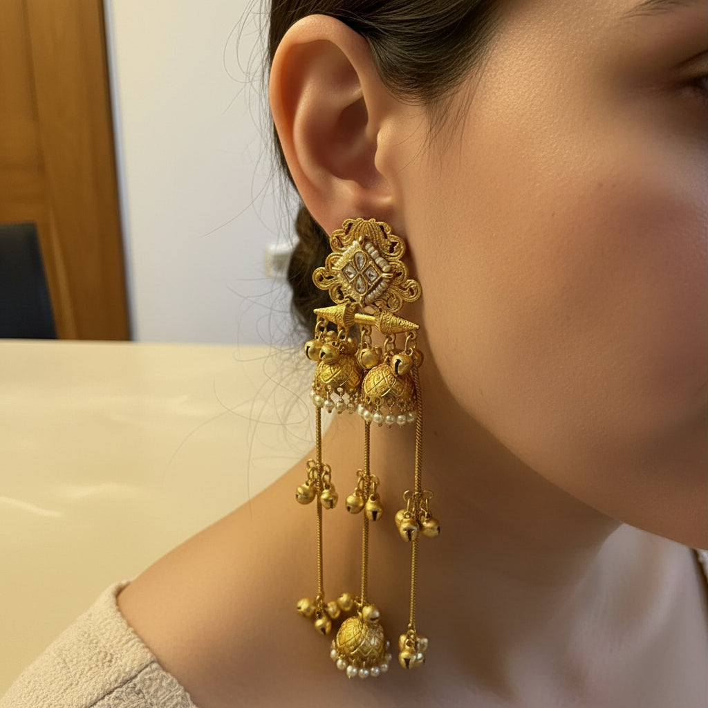 Gold Plated Kundan Jhumka Earrings with Pearl & Stone Embellishments