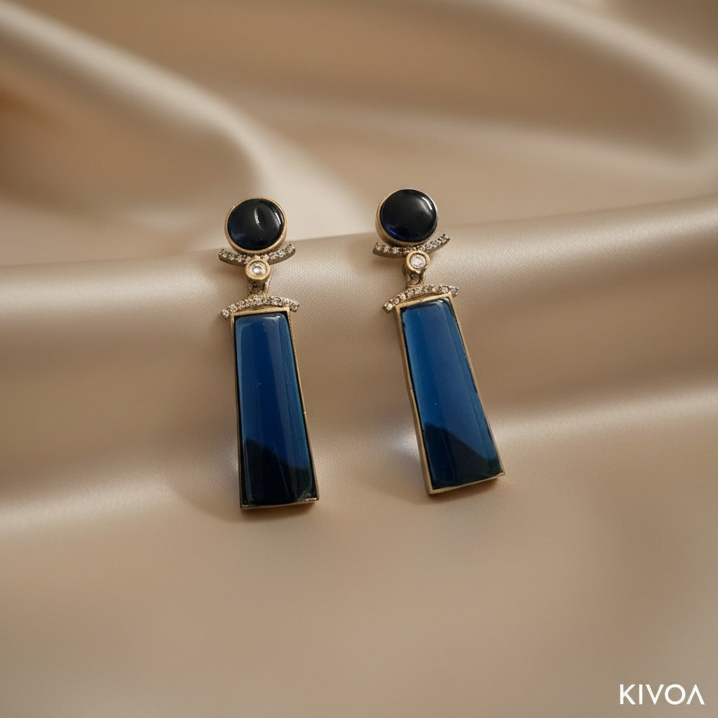 Elegant Gold-Tone Deep Blue Geometric Drop Earrings