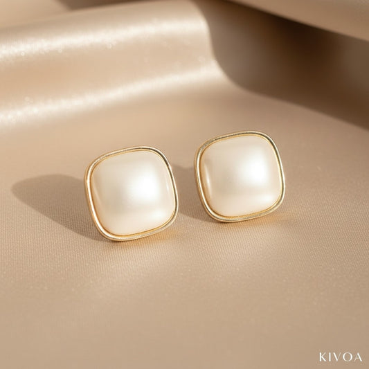 Cushion Cut Cream Pearl Stud Earrings in Gold Setting