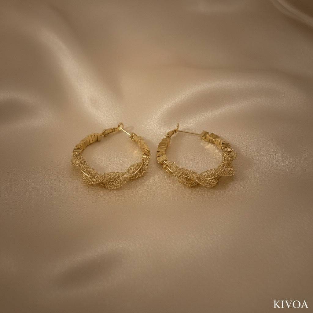Elegant Gold Twisted Mesh Hoop Earrings