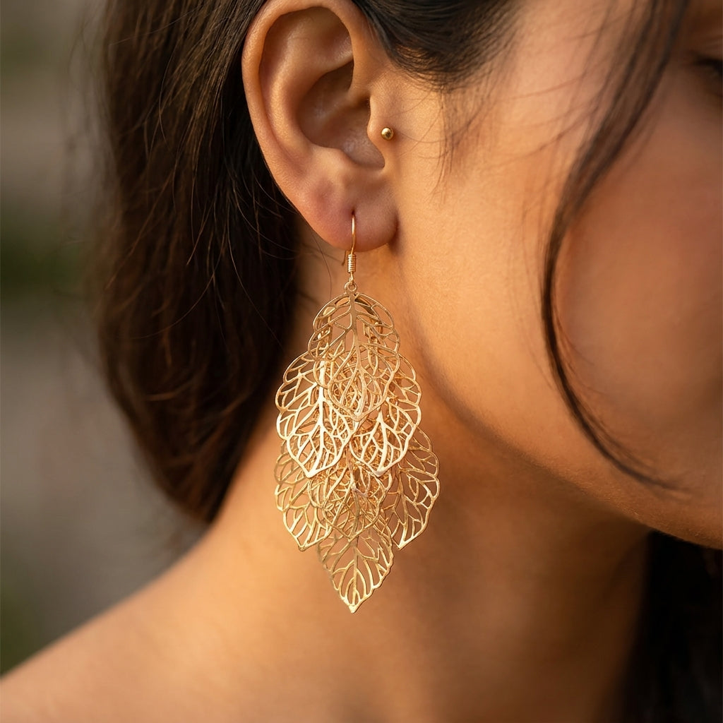 Cascading Gold Filigree Leaf Statement Earrings