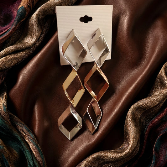 Gold and Silver Tone Linked Geometric Diamond Drop Earrings