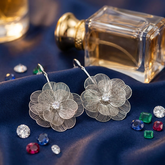 Sculptural Silver Wire Mesh Flower Drop Earrings