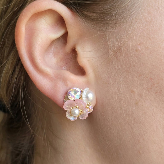 Romantic Pink Floral Pearl & Iridescent Crystal Stud Earrings