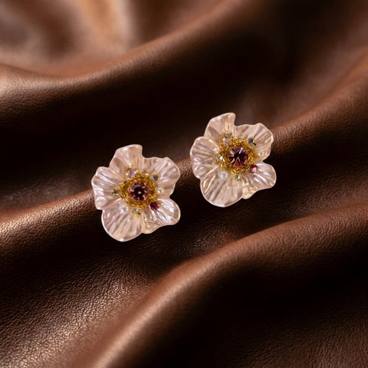 Blush Pink Floral Stud Earrings with Crystal & Pearl Center