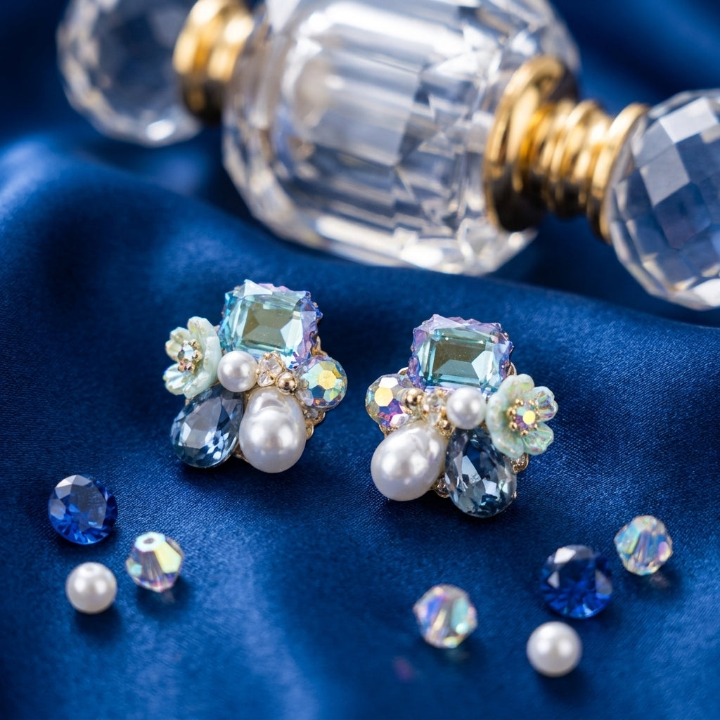 Iridescent Crystal & Pearl Cluster Statement Earrings