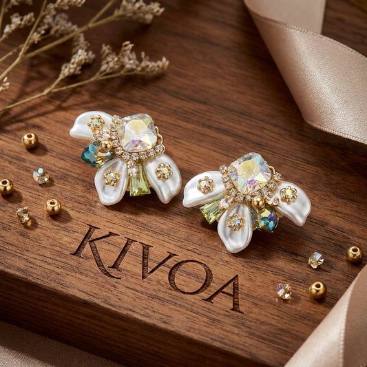Gold-Tone Floral Cluster Earrings with Iridescent Crystal and Pearlescent Petals