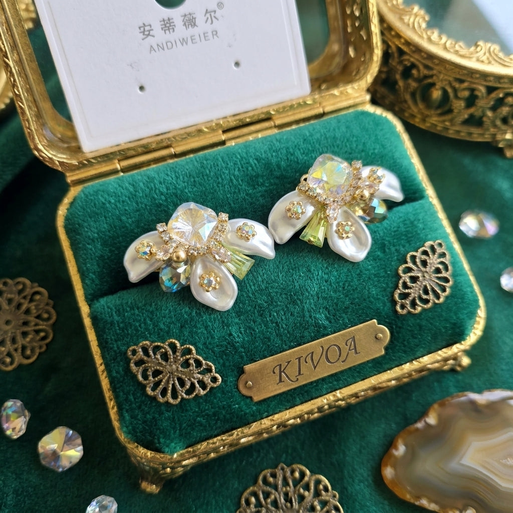 Gold-Tone Floral Cluster Earrings with Iridescent Crystal and Pearlescent Petals