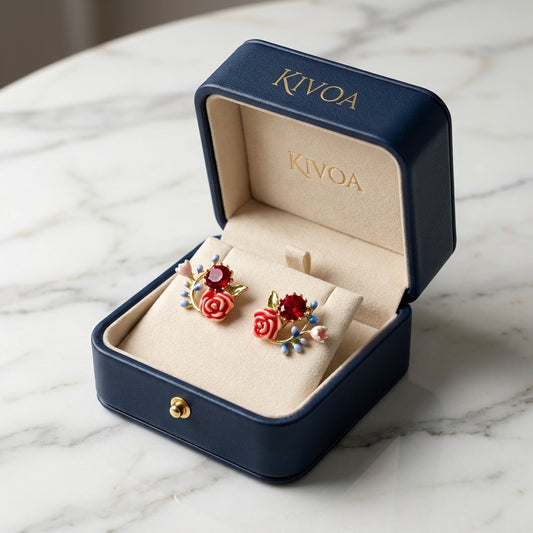 Blooming Red Rose & Crystal Floral Stud Earrings