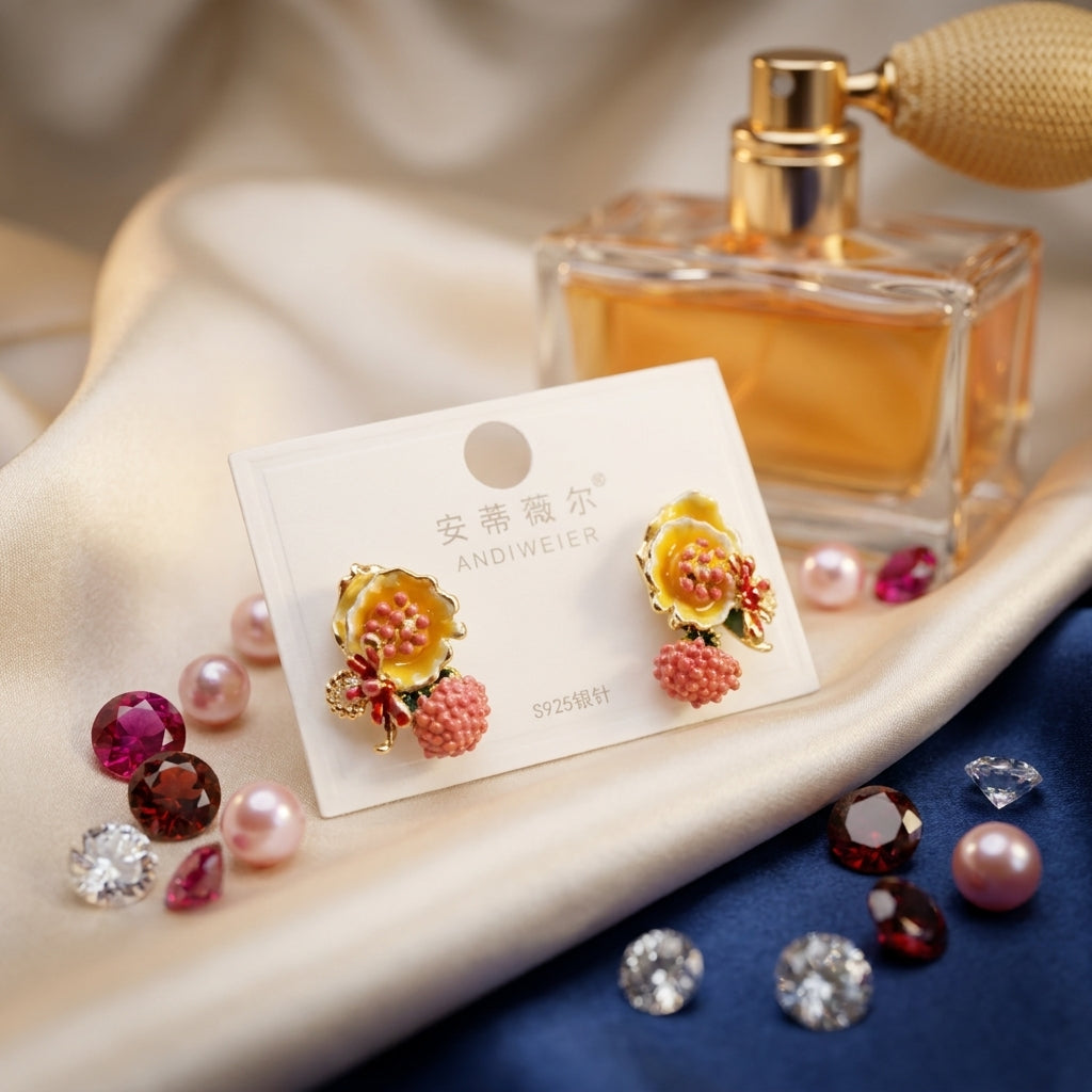 Whimsical Enamel Flower & Berry Drop Earrings - Gold Tone