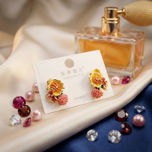 Whimsical Enamel Flower & Berry Drop Earrings - Gold Tone