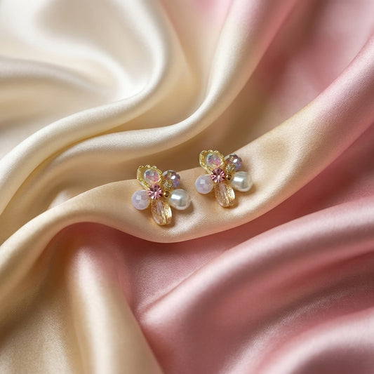 Delicate Crystal & Pearl Flower Cluster Stud Earrings