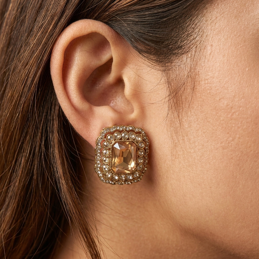 Elegant Gold Stud Earrings with Large Peach Stone & Halo
