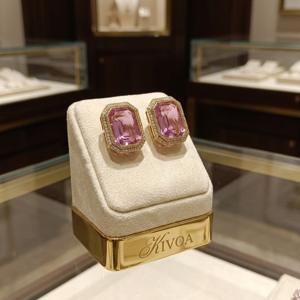 Vintage Style Mauve Crystal Octagon & Pavé Earrings