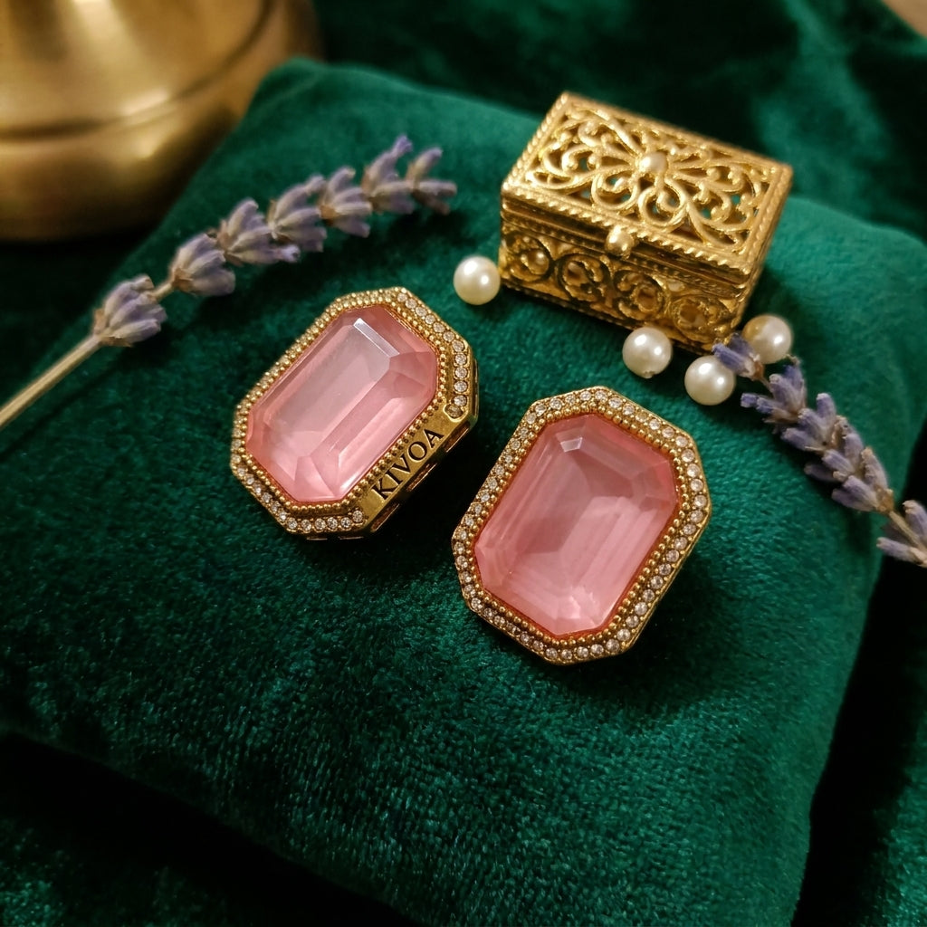 Luxurious Pink Gemstone & Pave Crystal Gold Tone Stud Earrings