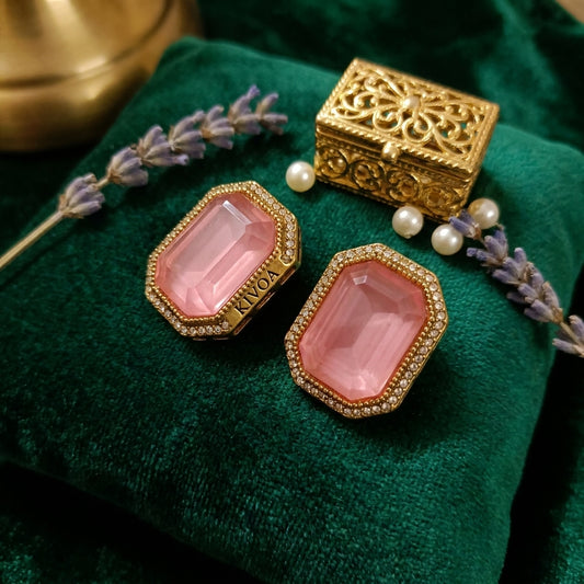 Luxurious Pink Gemstone & Pave Crystal Gold Tone Stud Earrings