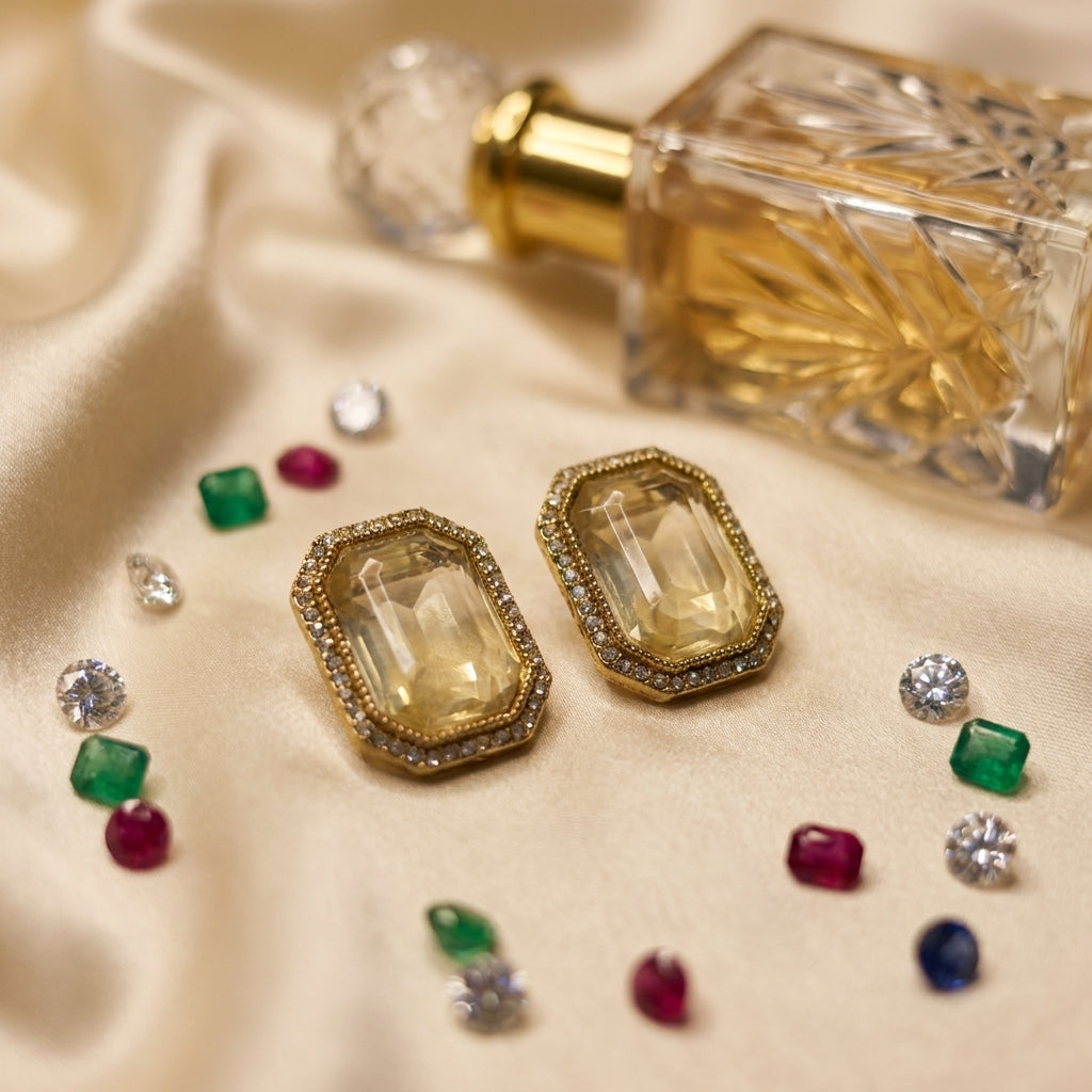 Gold-Tone Emerald Cut Crystal Halo Statement Earrings