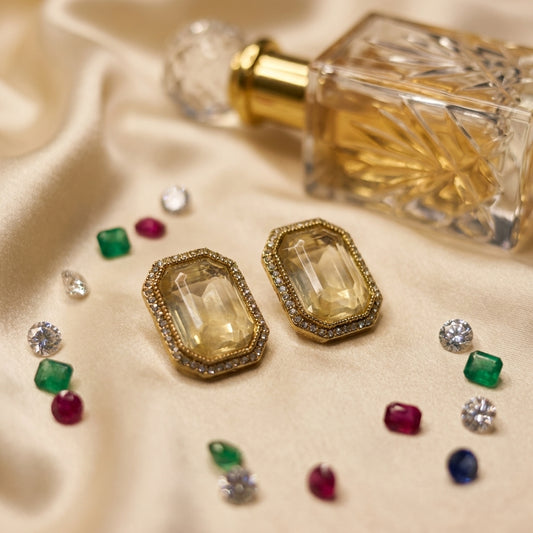 Gold-Tone Emerald Cut Crystal Halo Statement Earrings