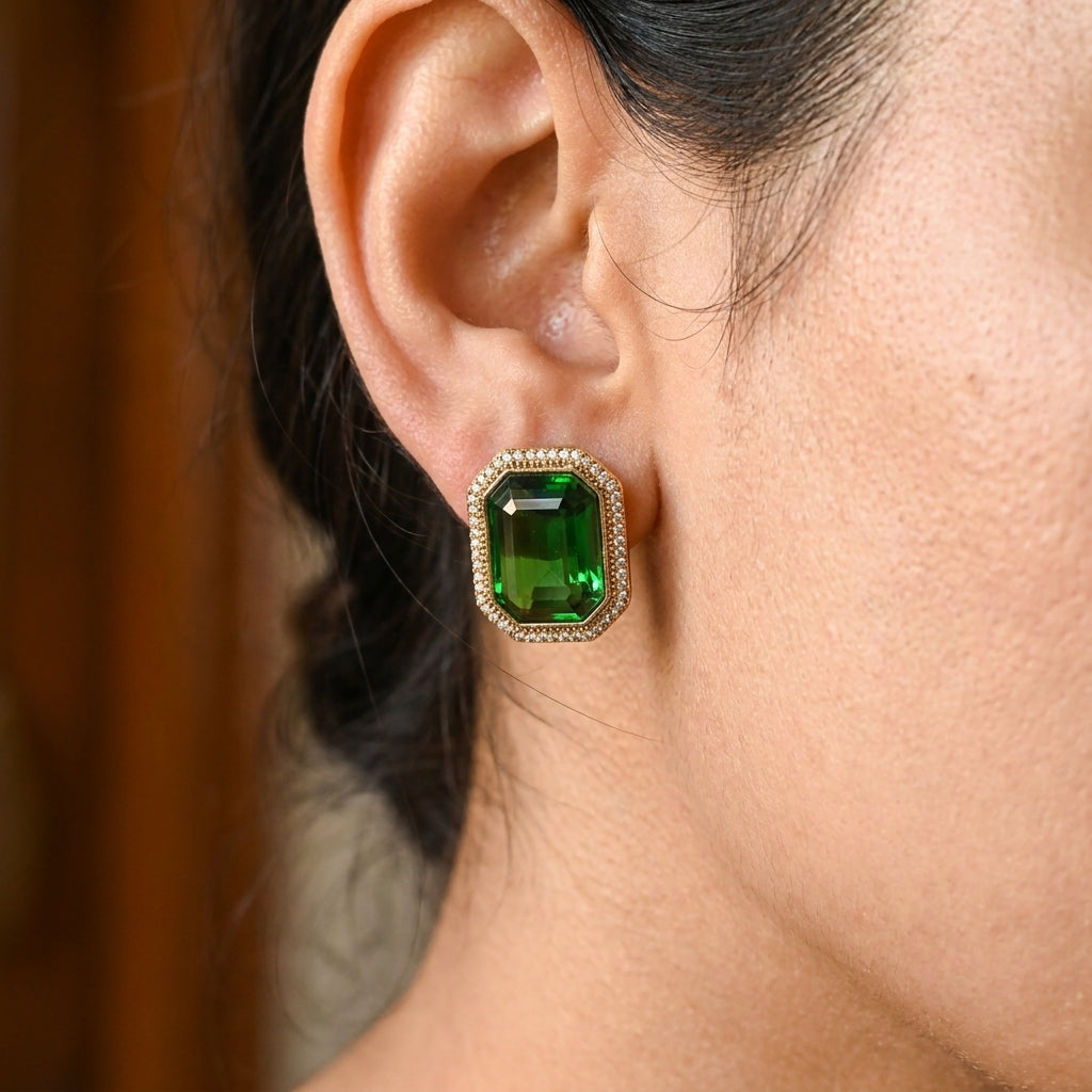 Emerald-Cut Green Stone & CZ Halo Stud Earrings