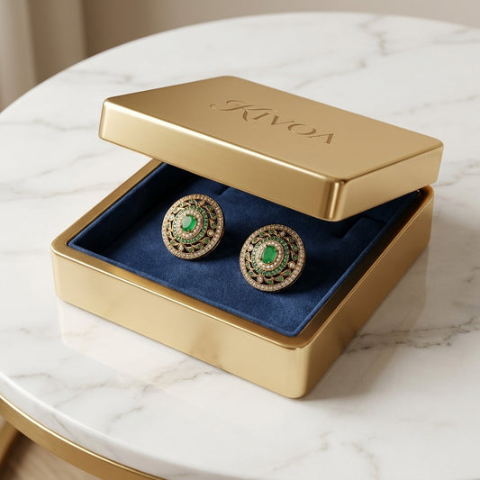 Antique Gold Finish Green Kemp & Pearl Circular Stud Earrings