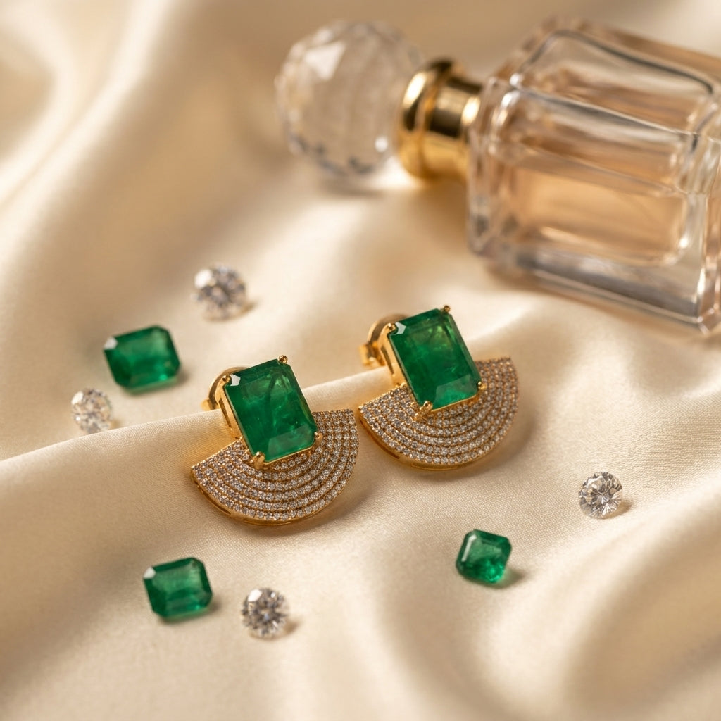 Gold Emerald-Cut Green Stone & Pavé Fan Earrings