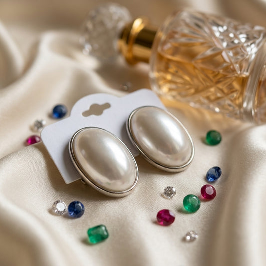 Lustrous Large Oval White Pearl Silver Stud Earrings