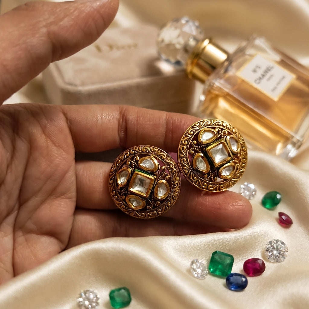 Antique Gold Finish Kundan Polki Stud Earrings