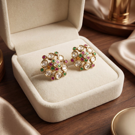 Gold-Plated Kundan & Polki Floral Stud Earrings