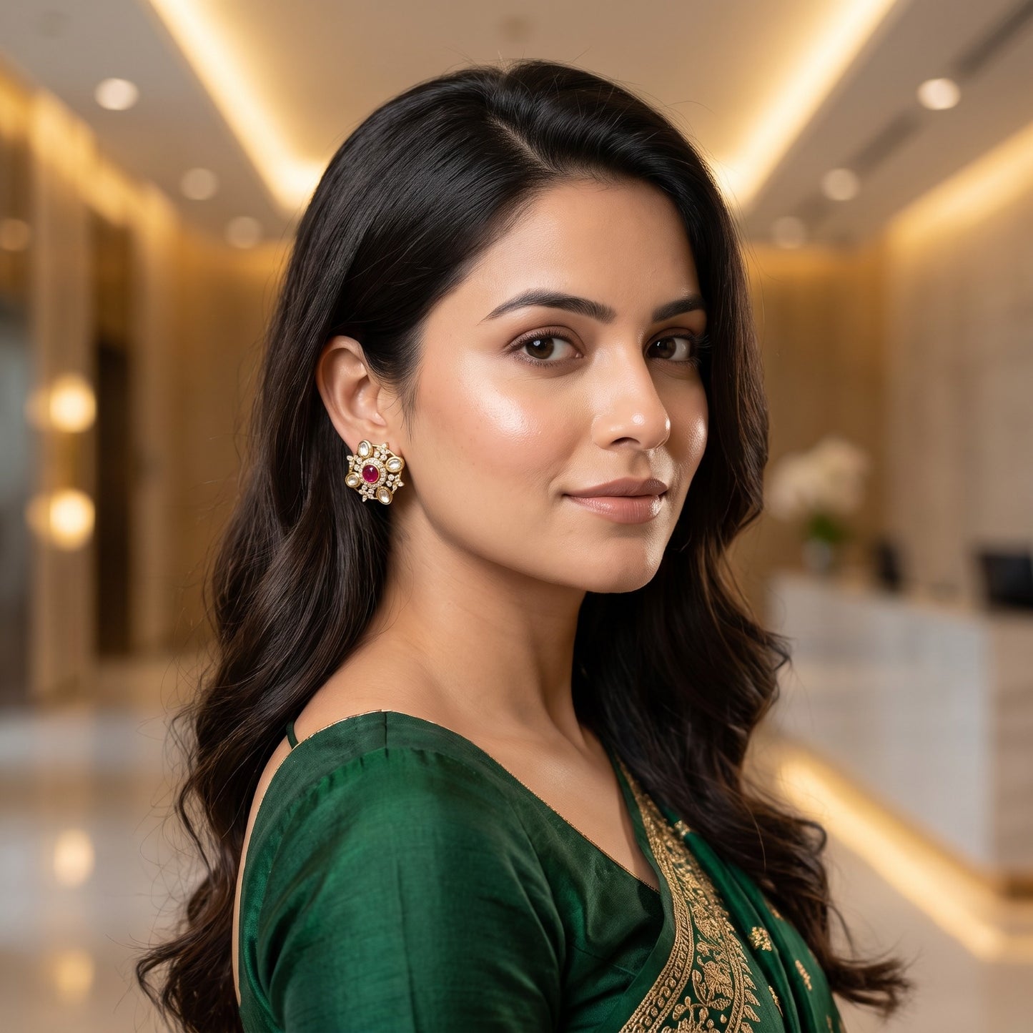 Traditional Gold Kundan Stud Earrings with Ruby Center