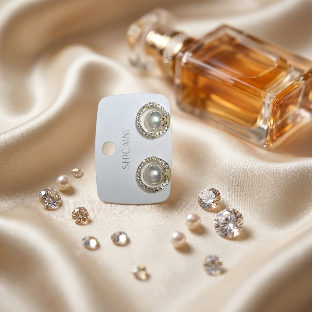 Elegant Pearl Stud Earrings with Sparkling CZ Gold Halo