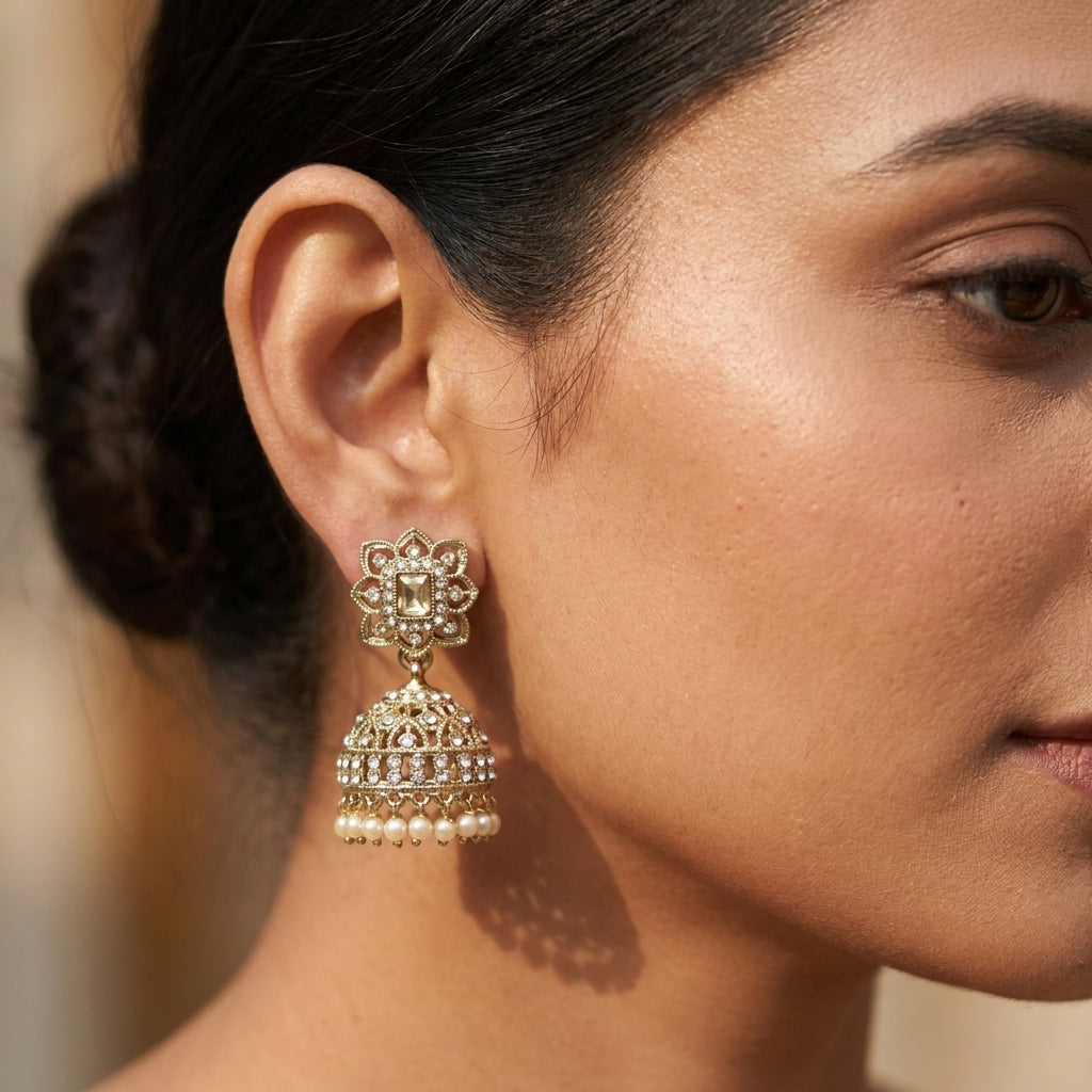 Ornate Gold Crystal Jhumki Earrings with Pearl Drops