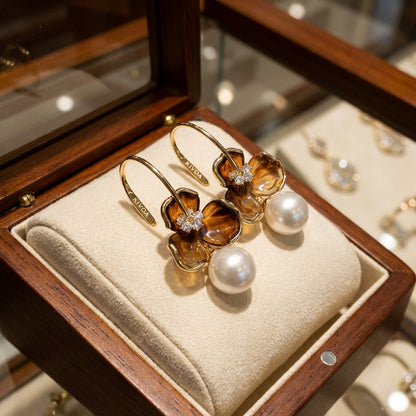 Gold Plated Pearl & Amber Floral Statement Earrings
