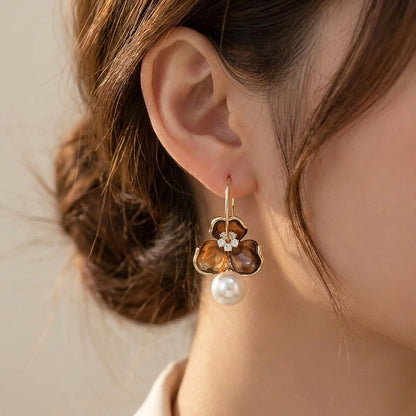 Gold Plated Pearl & Amber Floral Statement Earrings