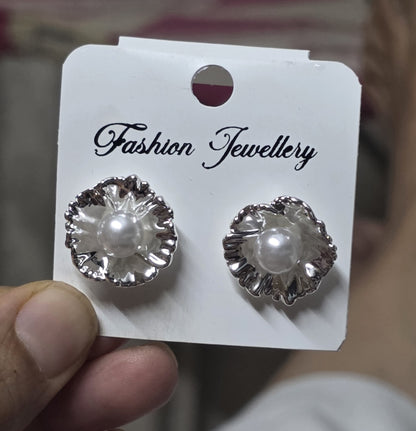 Elegant Silver Floral Stud Earrings with Pearl Center